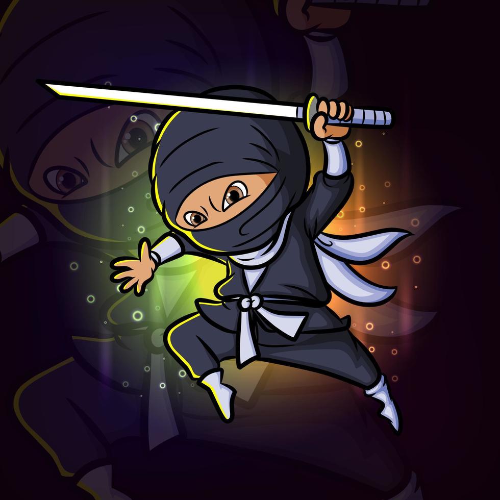 de ninja springt en valt aan met het katana esport-mascotteontwerplogo vector