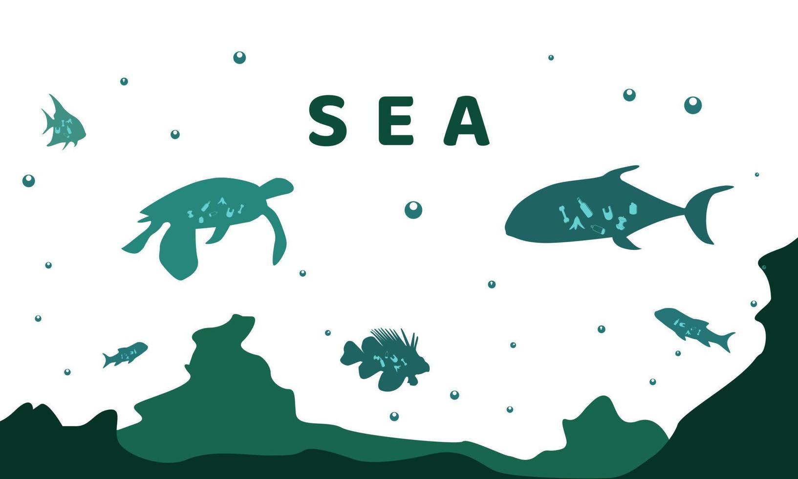 wereld oceaandag, milieu-illustratie van zeedieren die afval consumeren vector