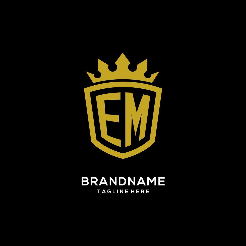 eerste em-logo schild kroonstijl, luxe elegant monogram logo-ontwerp vector