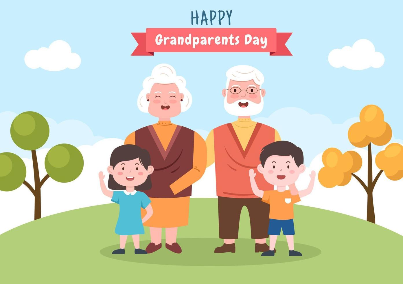gelukkige grootouders dag schattige cartoon afbeelding met kleinkind, ouder echtpaar, bloemdecoratie, opa en oma in vlakke stijl voor poster of wenskaart vector