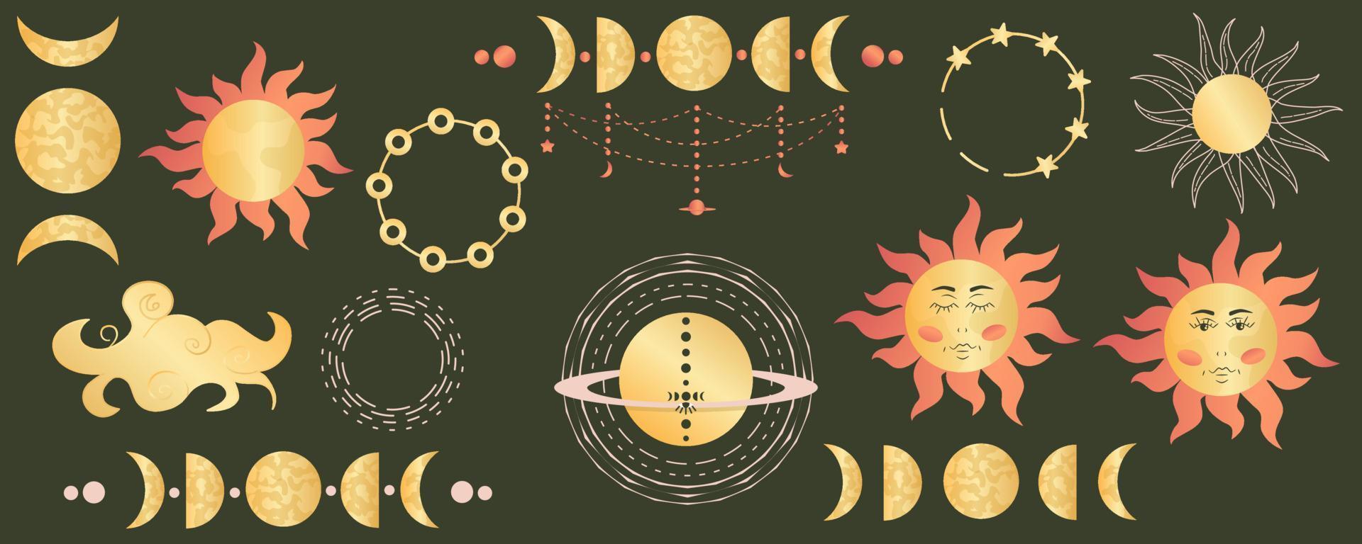 fasen van de maan, hemelse zon in set op donkere achtergrond. mystieke heilige astrologie met sterren, wolk. gouden figuren, elementen in hemellichamen. vectorillustratie. maanstanden en zon met gezicht vector
