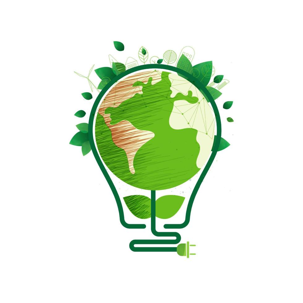 energiebesparende eco lamp technologie natuur concept. denk aan groene ecologie en bespaar energie creatief idee concept. milieuvriendelijke planeet. vector ontwerp