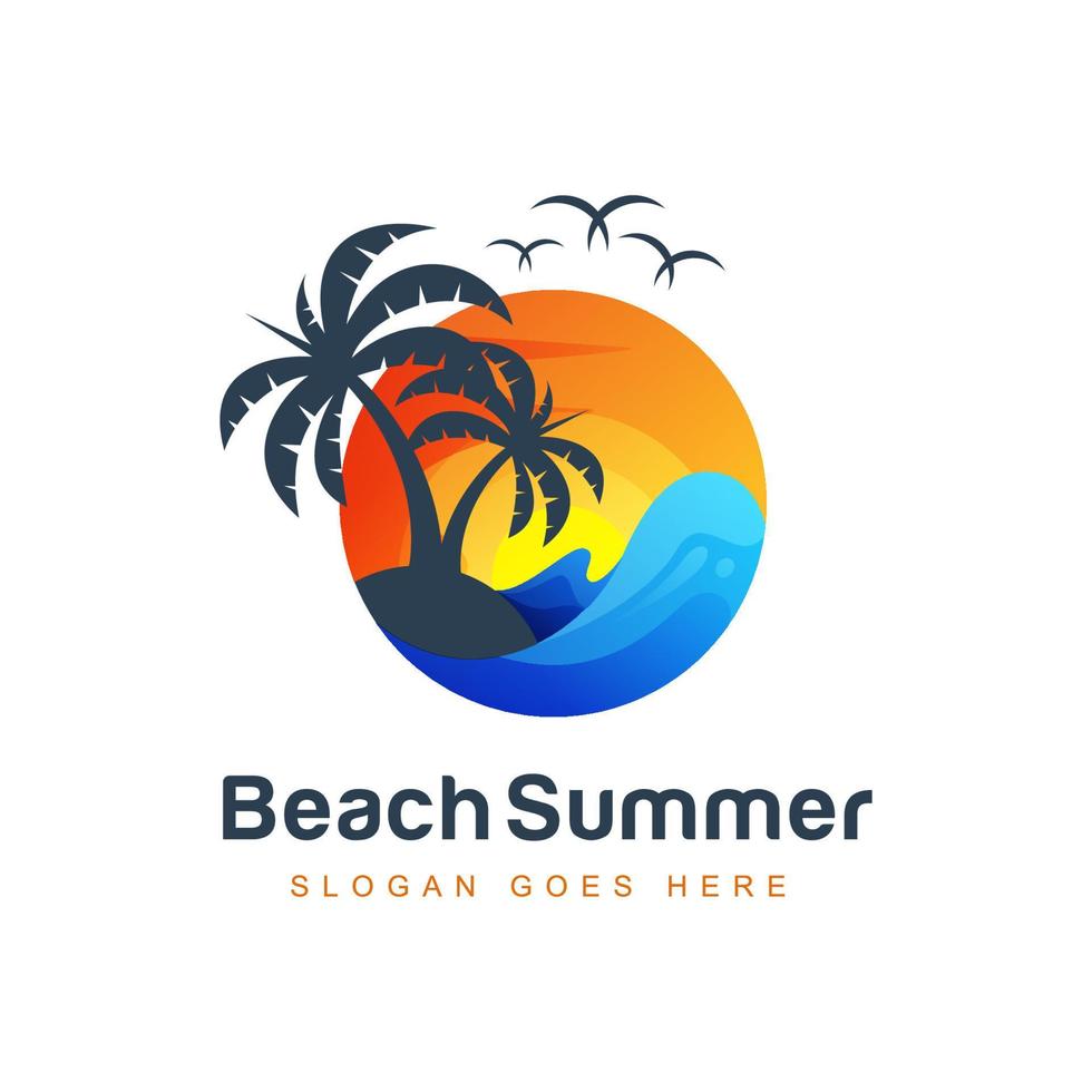 strand met golf zomer in zee logo, vector logo ontwerpsjabloon