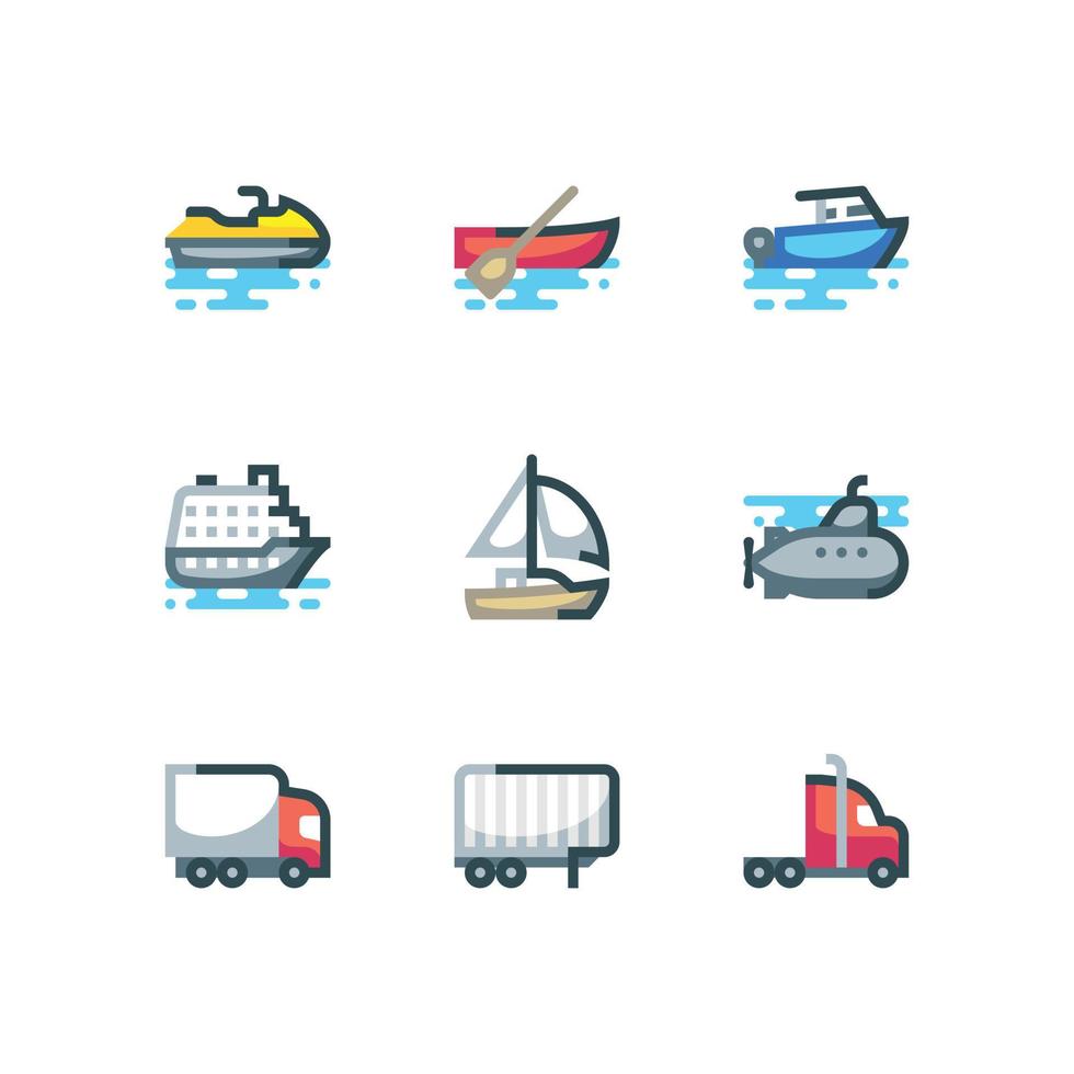 vrachtwagen en water transport icon set met schip en boot vector iconen