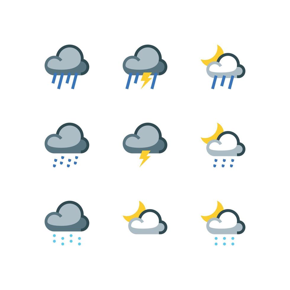 bewolkt en nachtweerpictogram ingesteld met vectorpictogrammen voor storm en regen vector