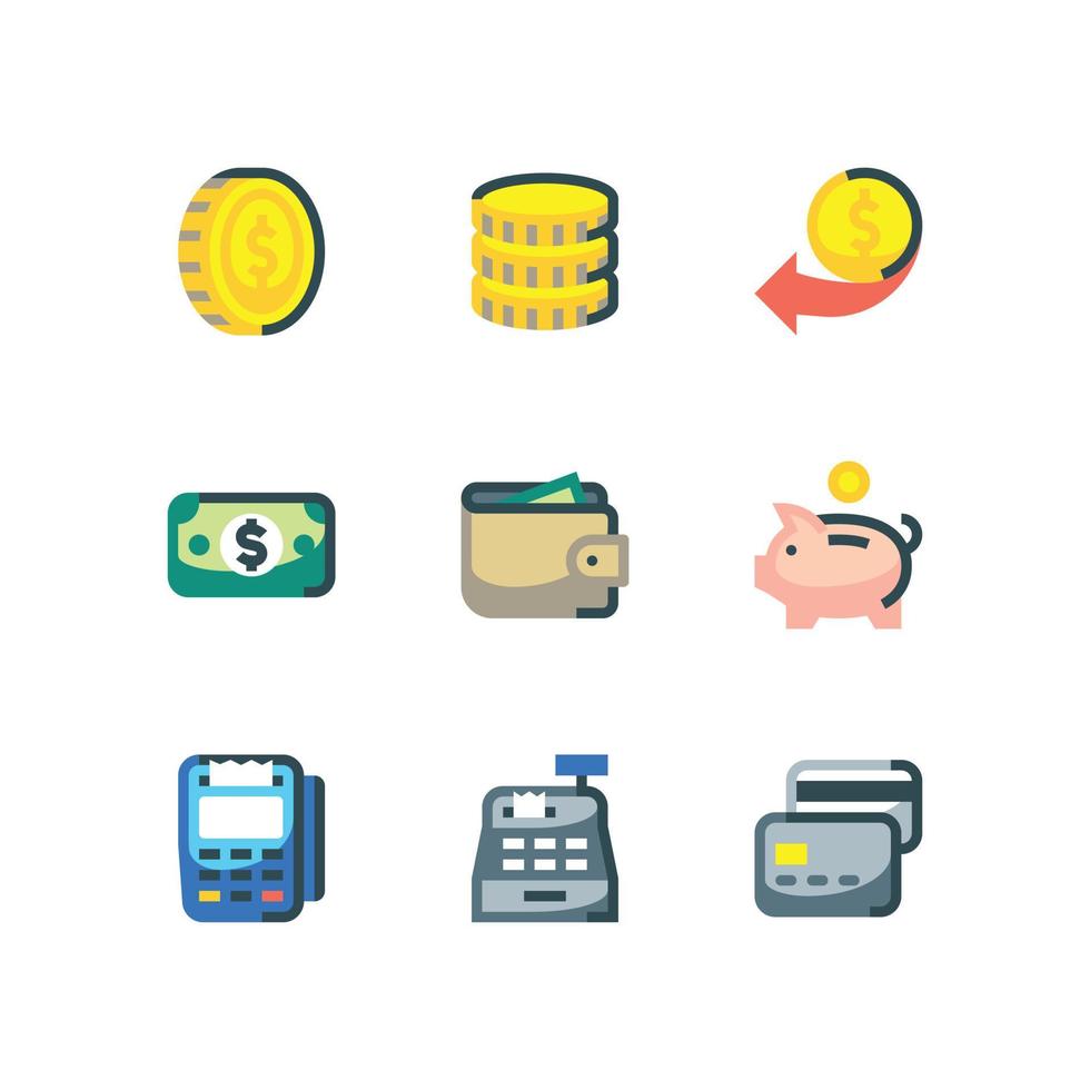 e-commerce betalingspictogram set met geld en kaarten vector iconen