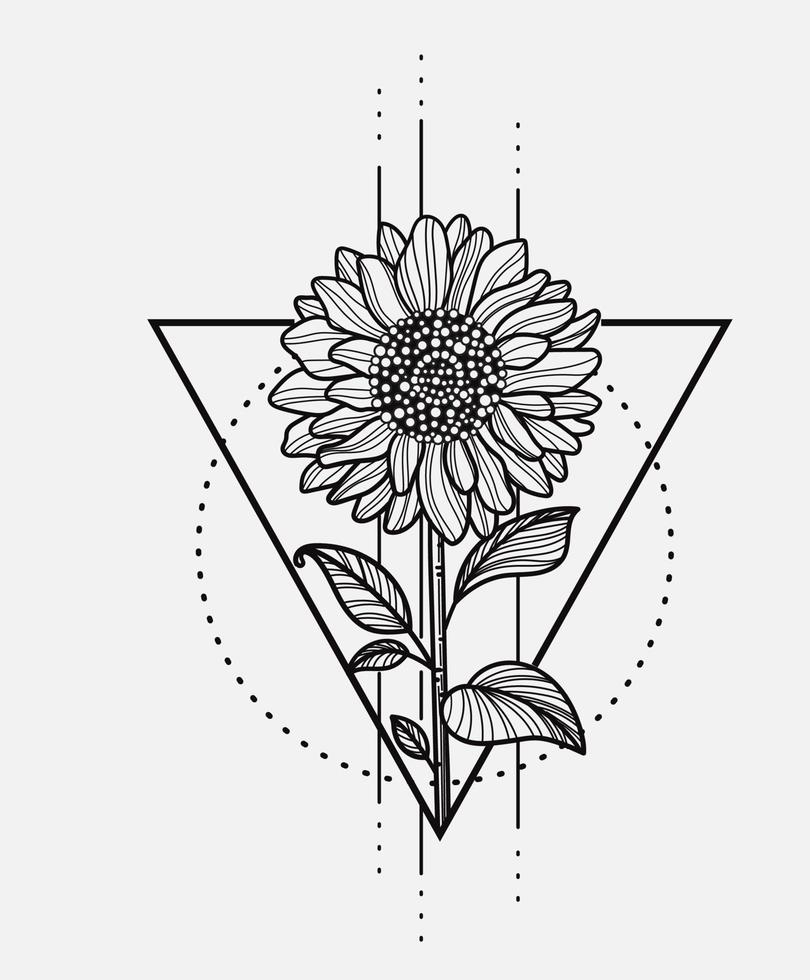 zonnebloem hand getekend met geometrische driehoek achtergrond vector