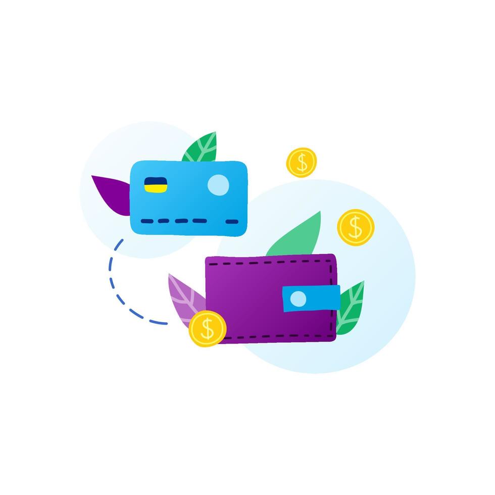 platte doodle portemonnee, kaart en bladeren in paarse, blauwe, groene kleuren geïsoleerd op een witte achtergrond. geldtransacties en betalingen concept. vector