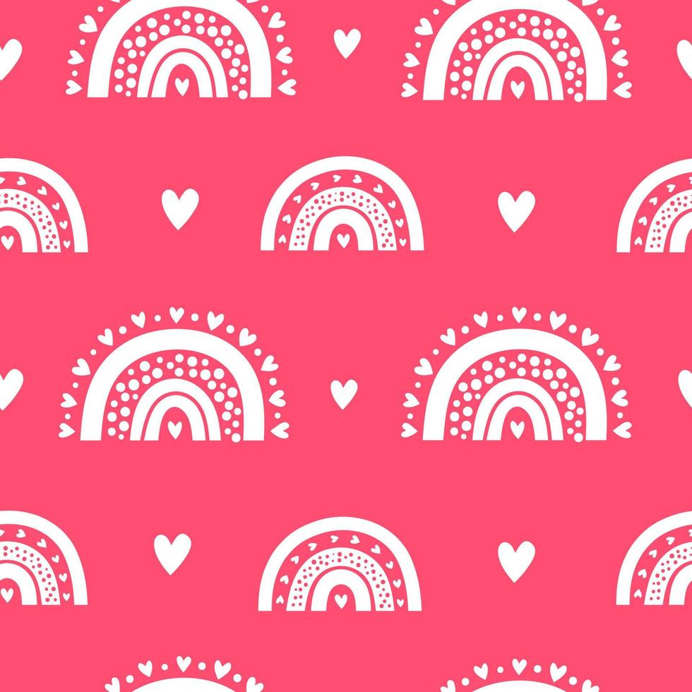 schattig roze naadloos patroon met Scandinavische regenbogen en harten voor kinderkleding, babydouche, valentijnsdag, scrapbooking. vector