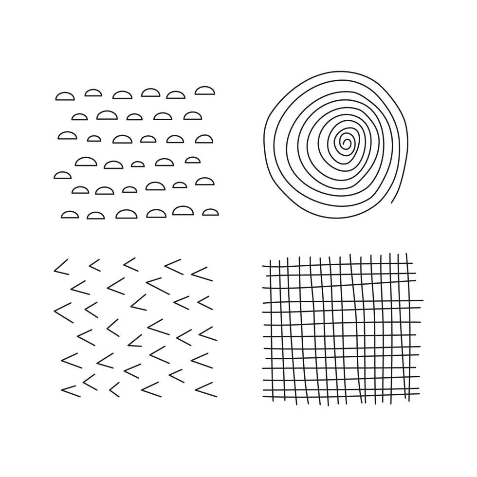 set van Krabbel abstracte doodle texturen geïsoleerd op een witte achtergrond. uit de vrije hand inktzwarte swirl, lijnen, cheques. vector