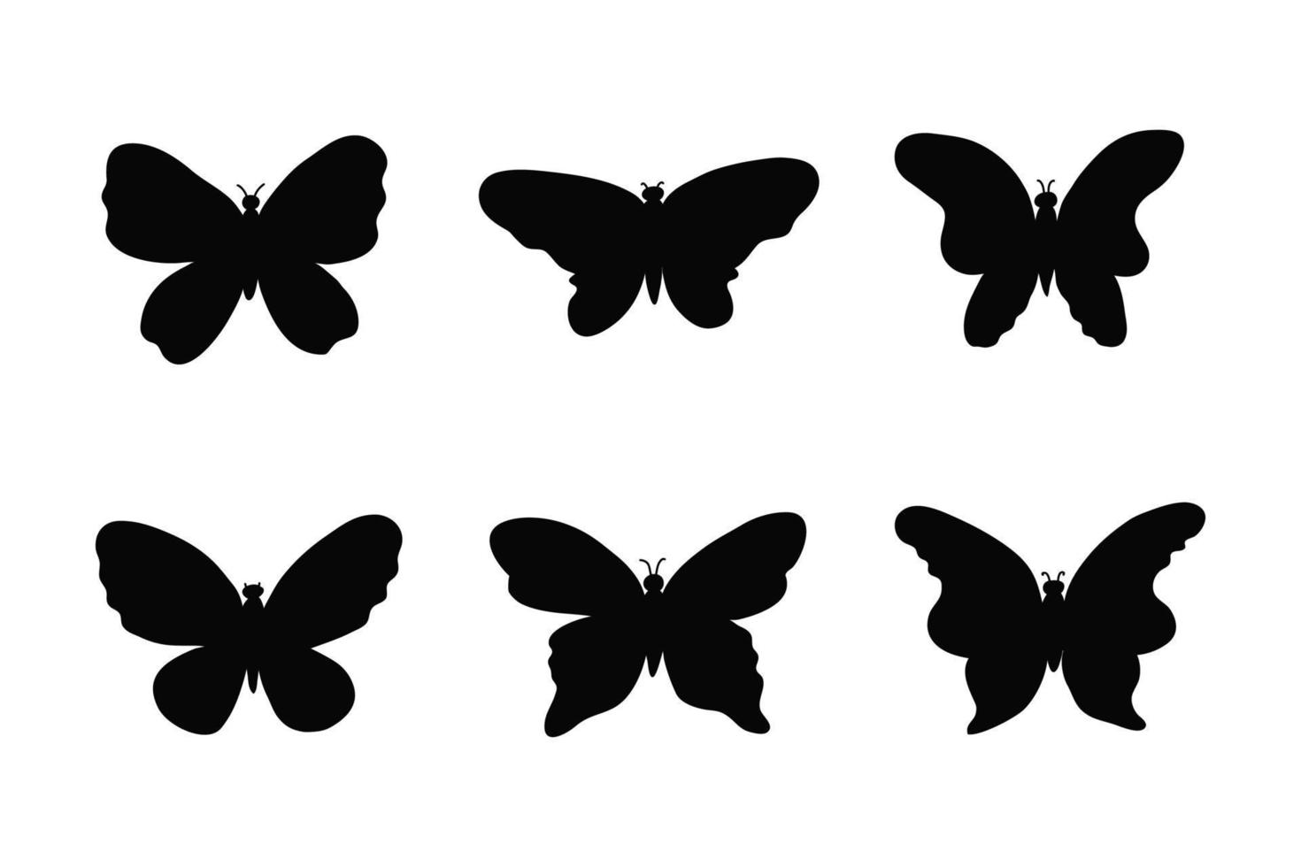 set doodle zwarte vlinder silhouetten op vleugels geïsoleerd op een witte achtergrond. vector
