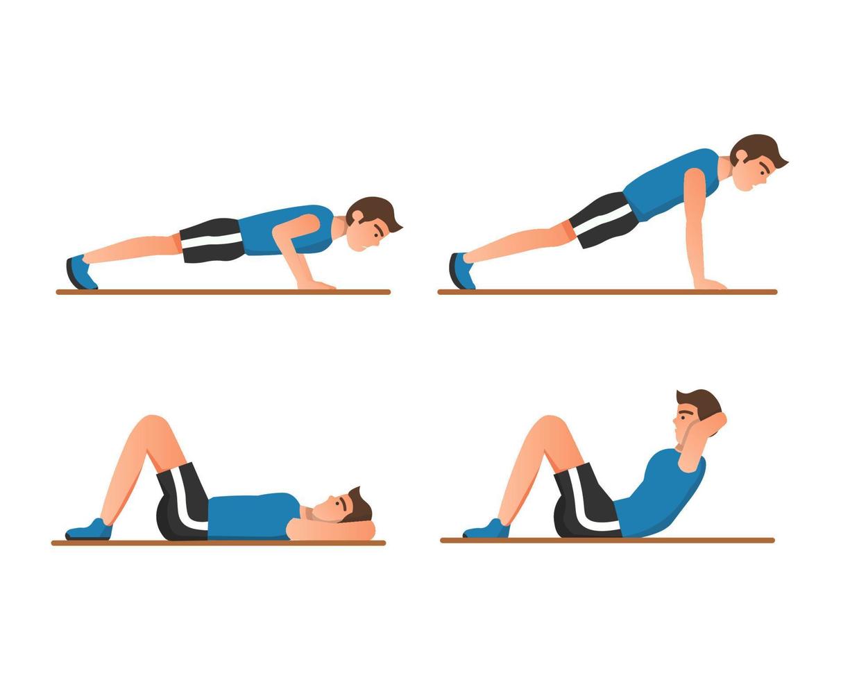 een man die push-ups en sit-ups doet vector