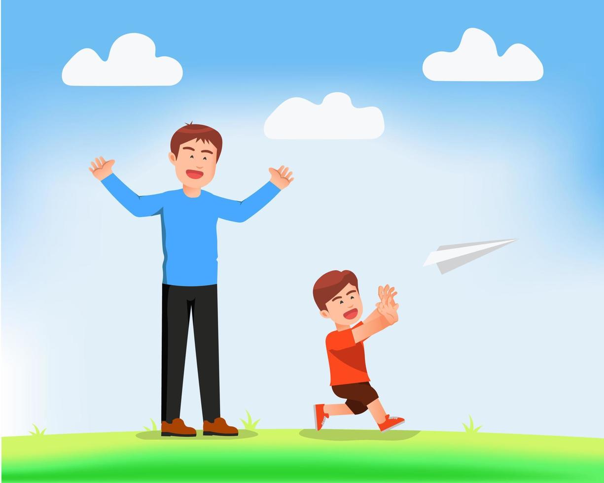 een vader die zijn zoon vergezelde om in het park met papieren vliegtuigjes te spelen vector