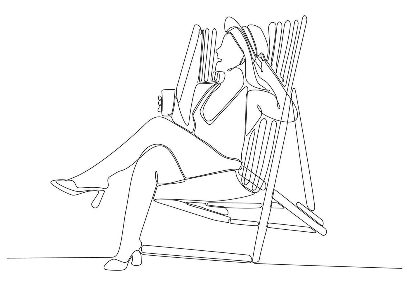 doorlopende lijntekening van vrouw ontspannen en zittend op een ligstoel aan het strand geïsoleerd op een witte achtergrond vector
