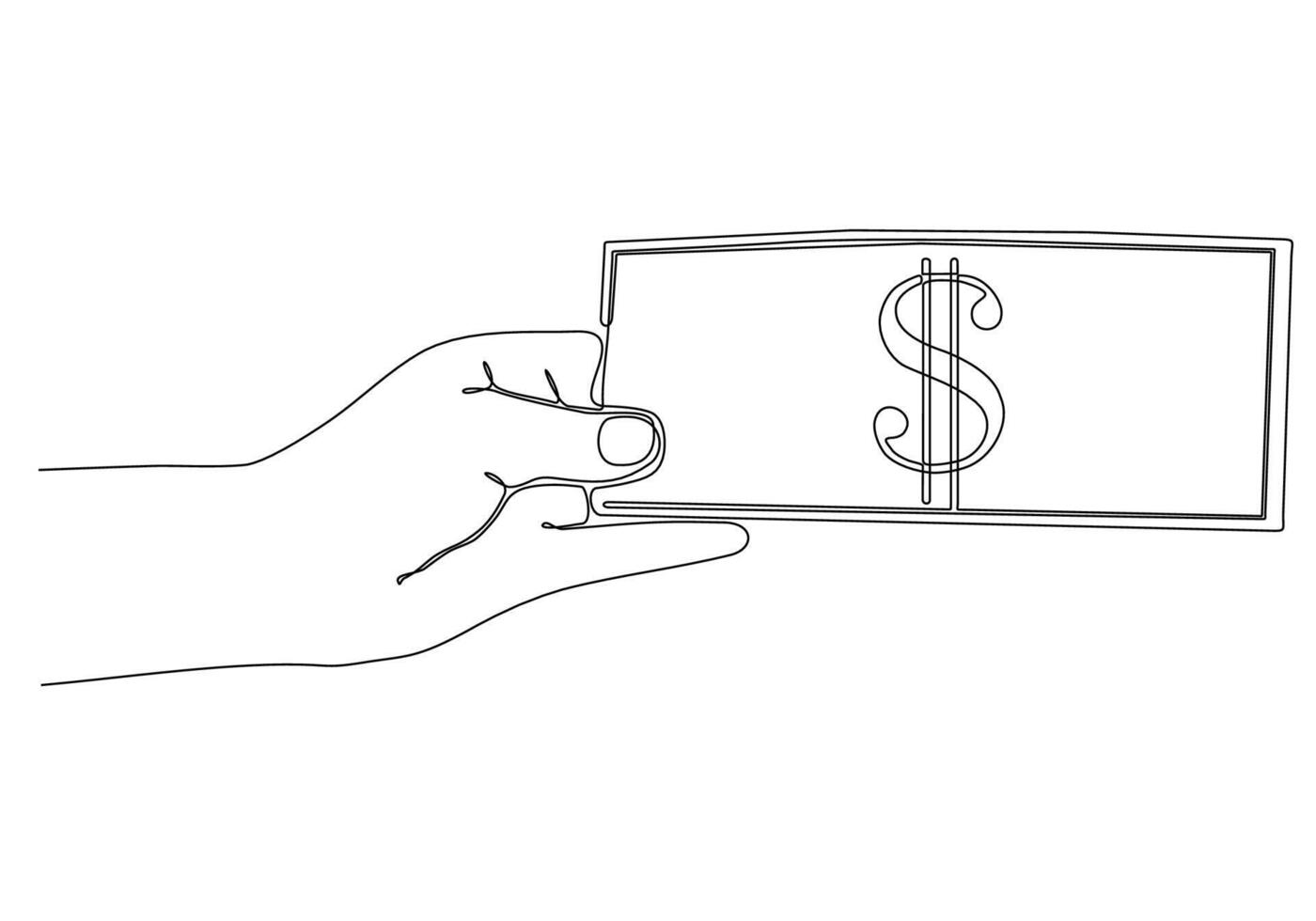 hand met dollar biljet, rijk bedrijfsconcept, rijst, betaling, contant geld of handels-continue lijn vector afbeelding.