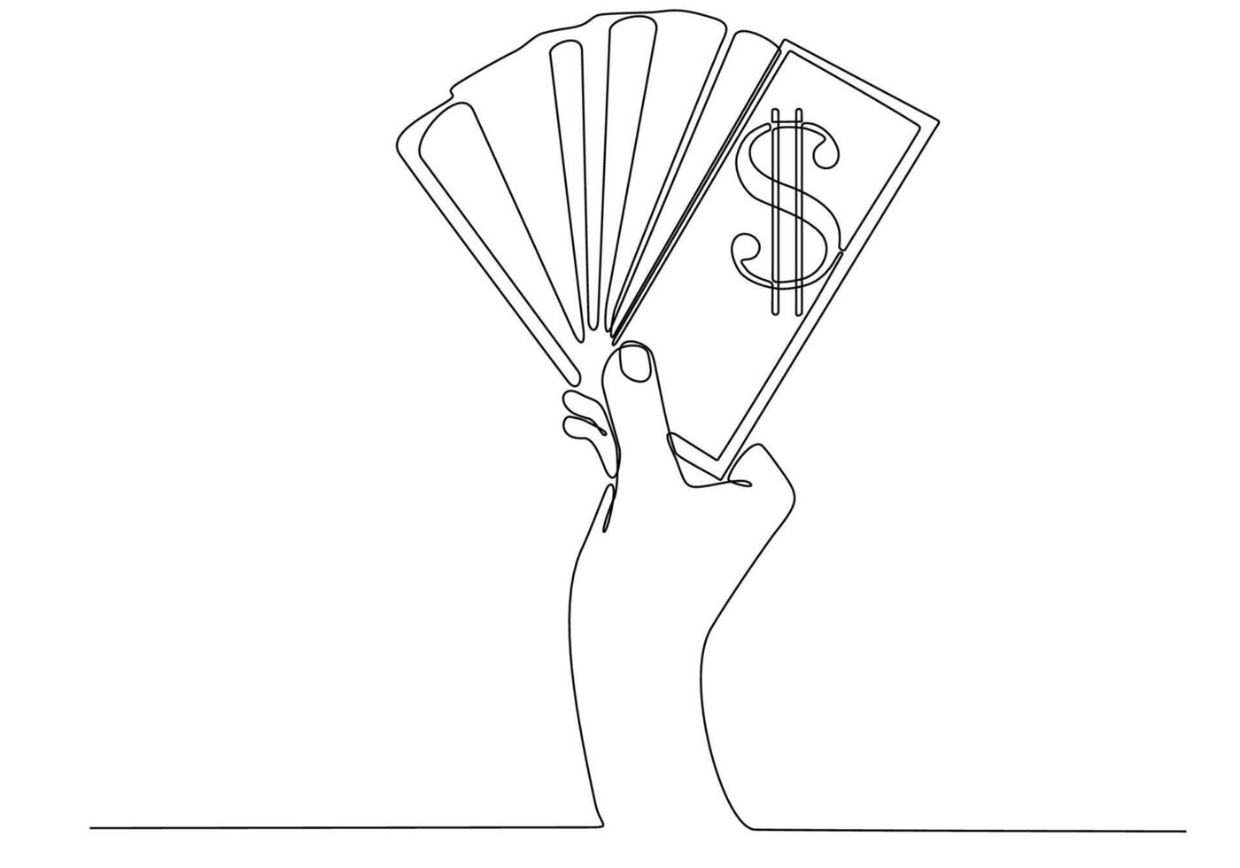 hand met dollar biljet, rijk bedrijfsconcept, rijst, betaling, contant geld of handels-continue lijn vector afbeelding.