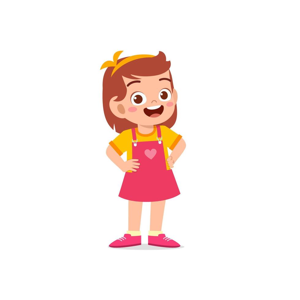schattig klein meisje staat glimlach met arm op heup pose-expressie vector