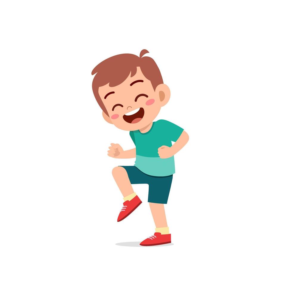 schattige kleine jongen toont blij en viert pose-expressie vector