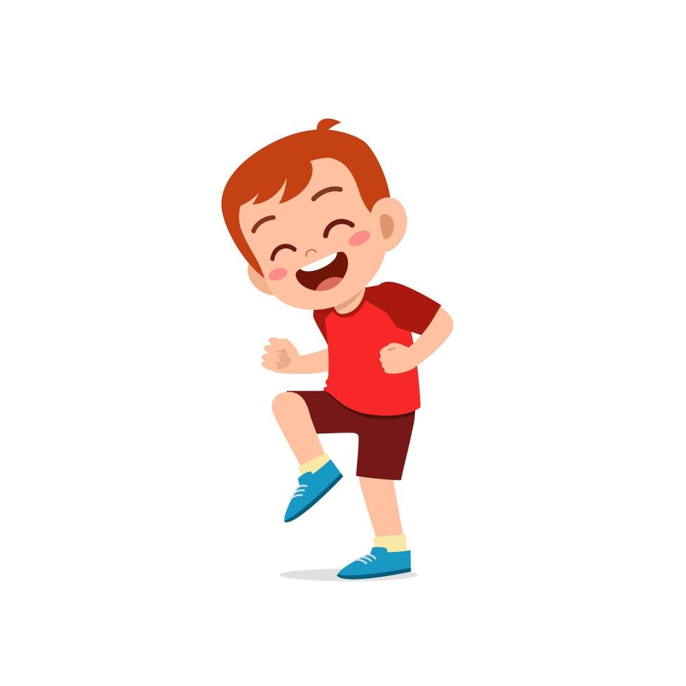 schattige kleine jongen toont blij en viert pose-expressie vector
