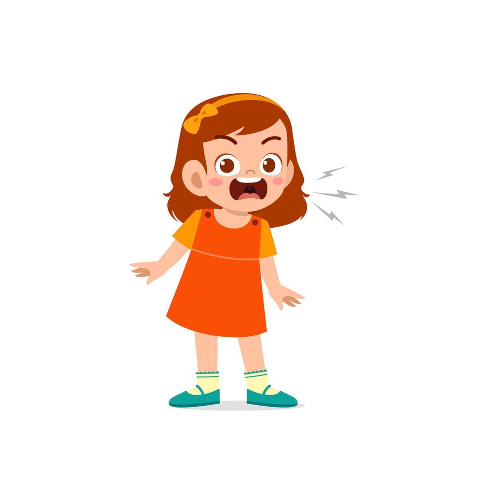 schattig klein meisje staat en toont boze pose-uitdrukking vector