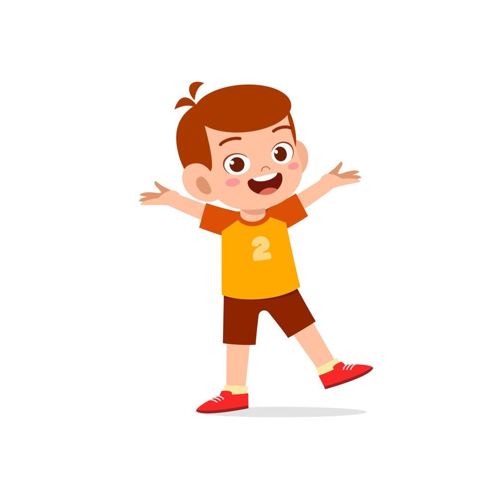 schattige kleine jongen toont een vrolijke en vriendelijke pose-uitdrukking vector