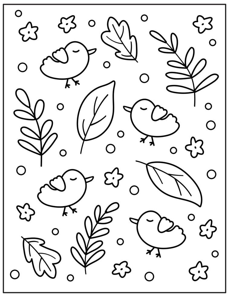 lente kleurplaat met doodle vogels, bloemen en bladeren. handgetekende eenden. vector overzicht illustratie.