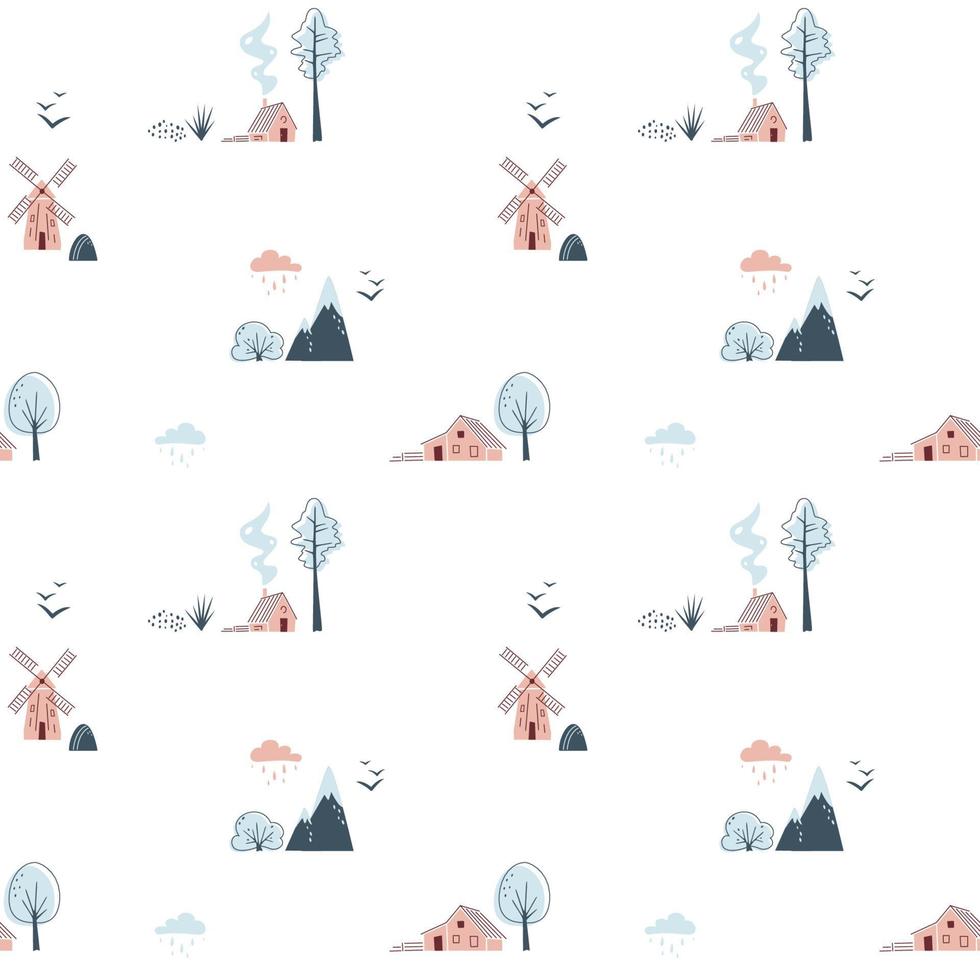 minimalistische naadloze patroon met bergen, bomen, huizen en windmolen op witte achtergrond. noordelijk landschap in beperkte kleuren vector