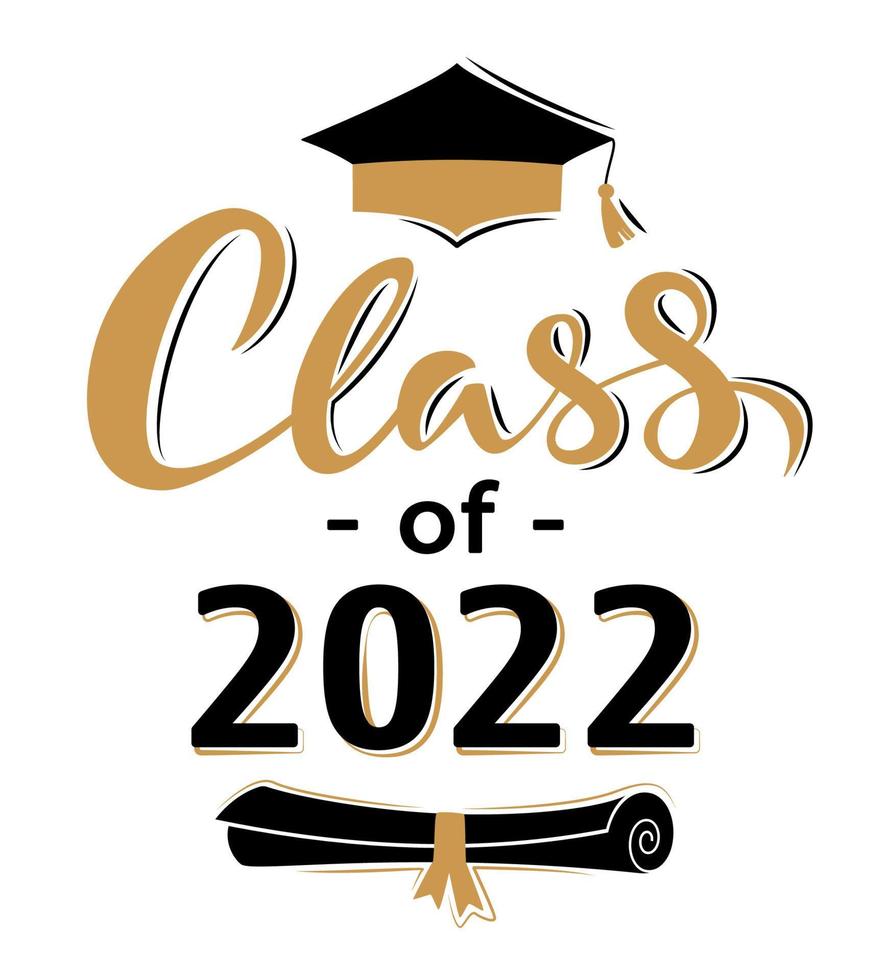 klasse van 2022. groet belettering bord met academische pet en diploma vector
