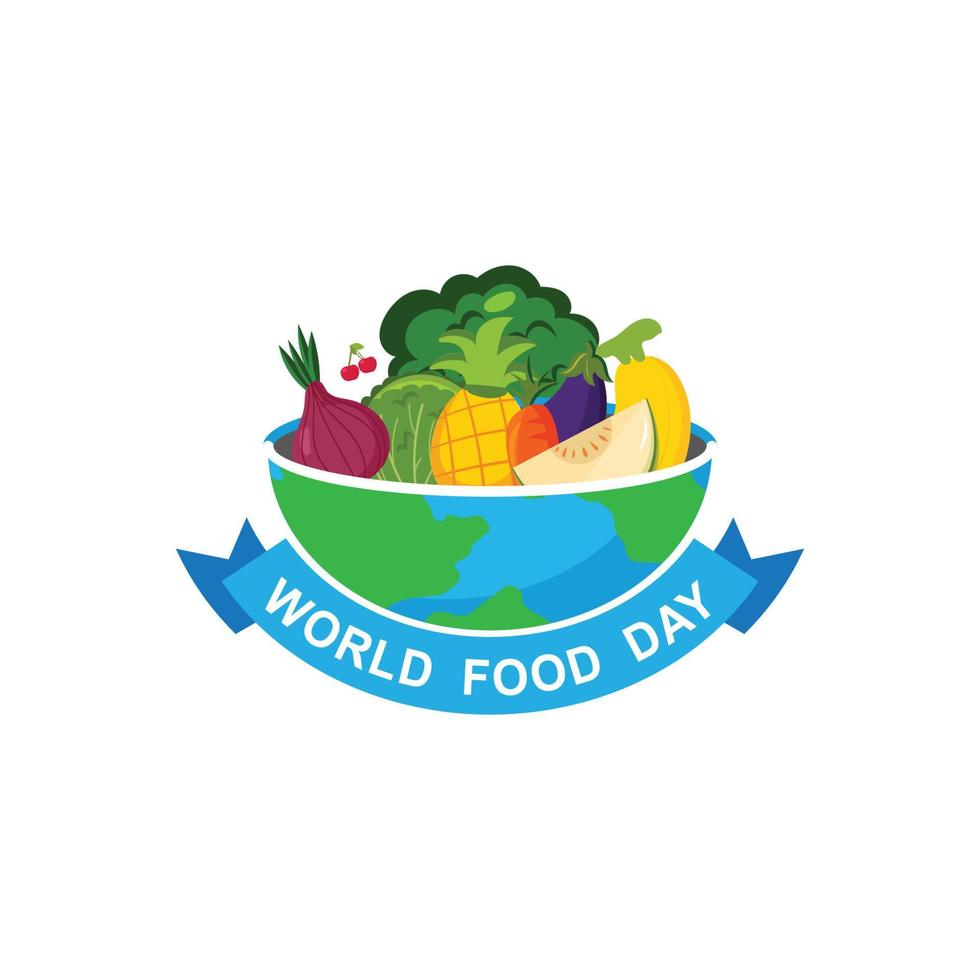 wereldvoedseldag logo vector achtergrondontwerp, illustratie van diverse soorten fruit en voedingsmiddelen, maaltijd viering viering posterontwerp
