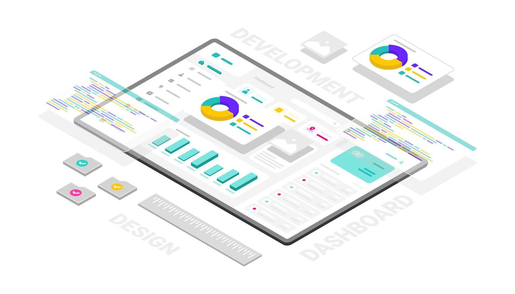 dashboard website en software technologie ontwikkeling 3d isometrische illustratie vector