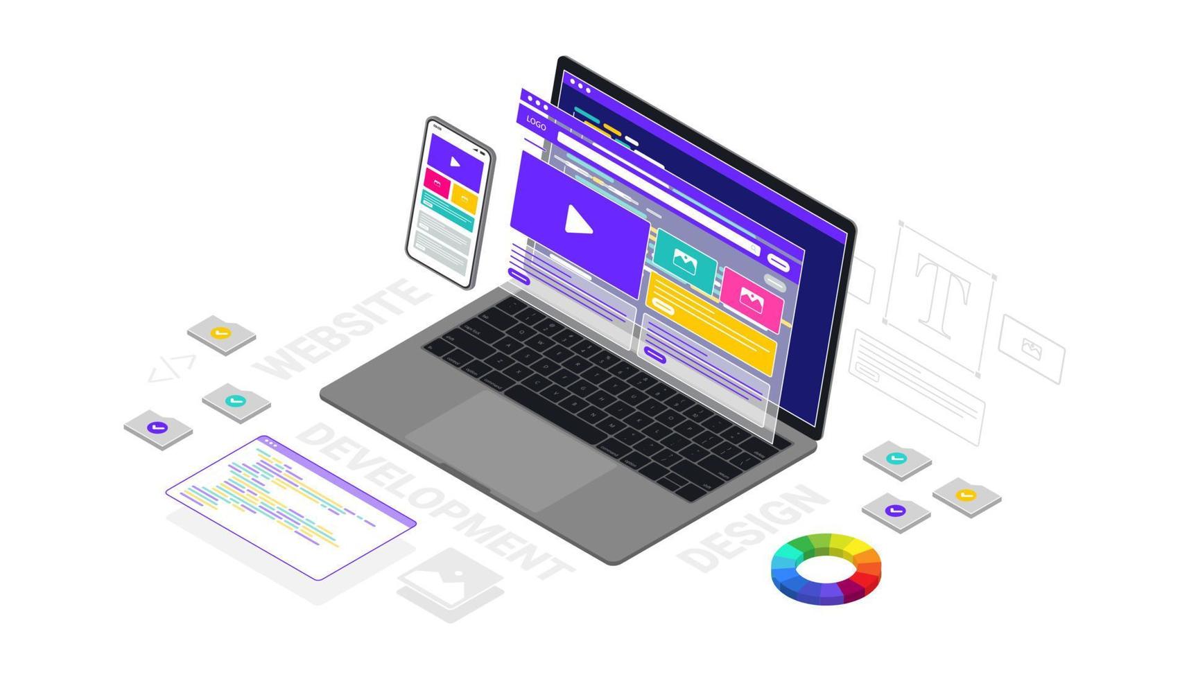 vector 3d isometrische illustratie concept van website en app ontwerp en ontwikkeling. creatief plat ontwerp voor webbanner, marketingmateriaal, bedrijfspresentatie, online reclame.
