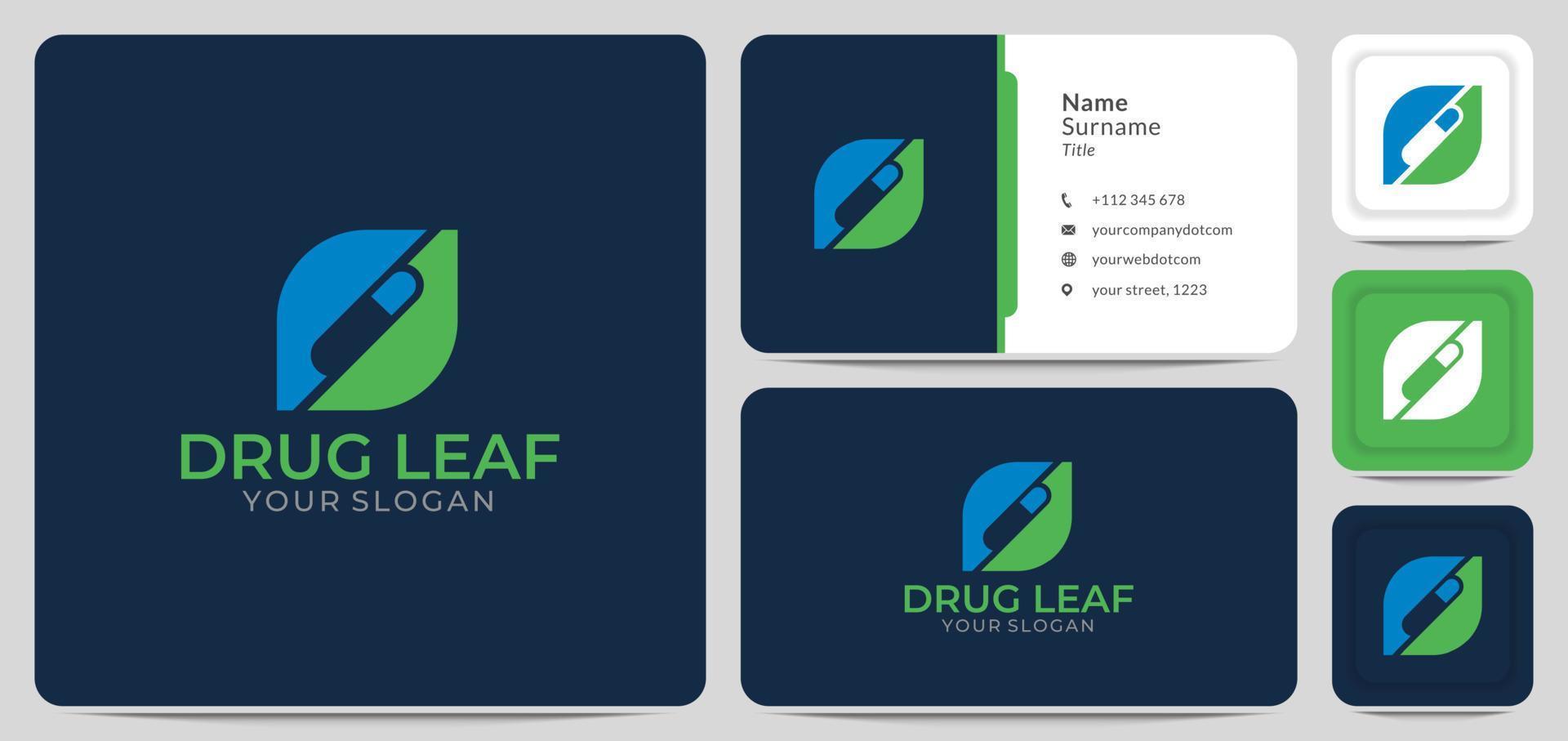 capsule pil met blad geneeskunde drug logo ontwerp vector