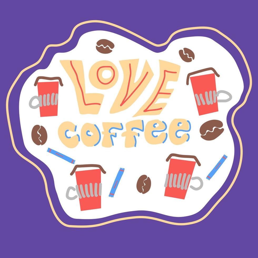 vectorillustratie van leuke rode kopjes koffie met stoom en suiker op violette en witte achtergrond. koffie tijd concept. met de hand getekend kleurrijk kunstontwerp van een kopje koffie vector