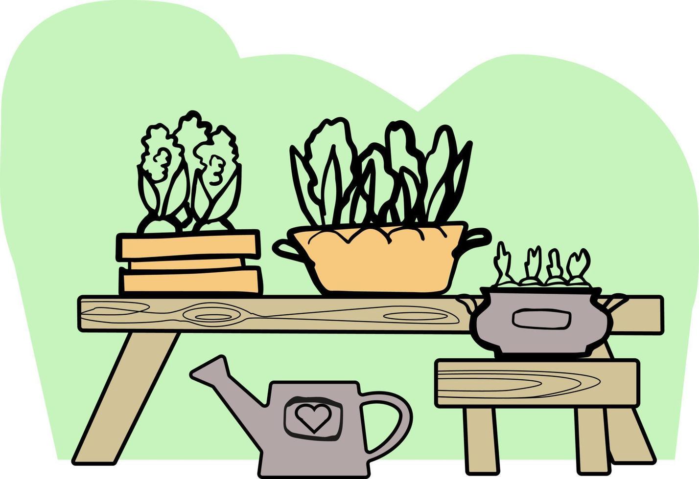 set van ingemaakte zaailingen in bloempotten en tafel. l decoratieve palmen in potten, geïsoleerde grafische ontwerpelementen. vector illustratie