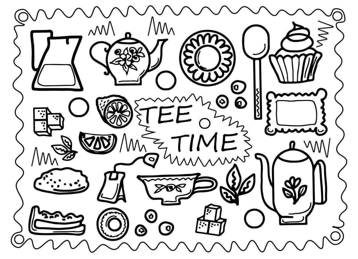 zwart-wit doodle stijl vectorillustratie met theekransje set, achtergrond voor restaurant of café menu vector