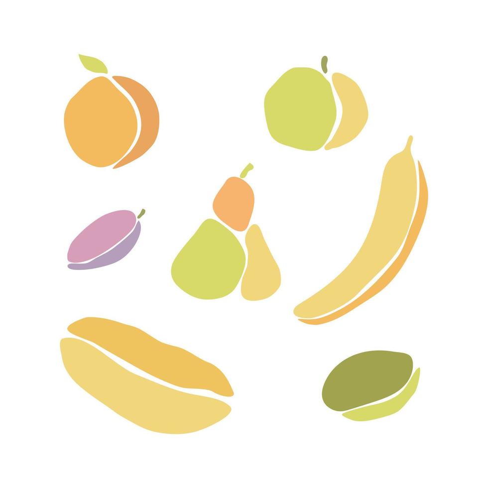 groenten en fruit set, boho-stijl, stukjes gesneden papier, gekartelde randen. peer appel kiwi banaan meloen pruim sinaasappel. geïsoleerd, witte achtergrond. vector