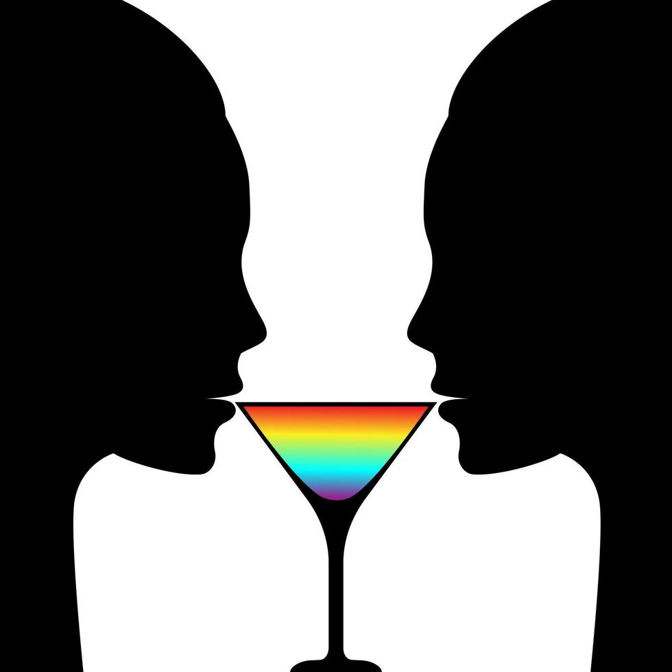 lesbische lgbt-meisjes drinken cocktail, martini, één glas voor twee, raken de lippen aan het glas, liefde, gezichtssilhouet, lgbt-kleur. voor achtergrond, achtergrond, banner, briefkaart, flyer. vector