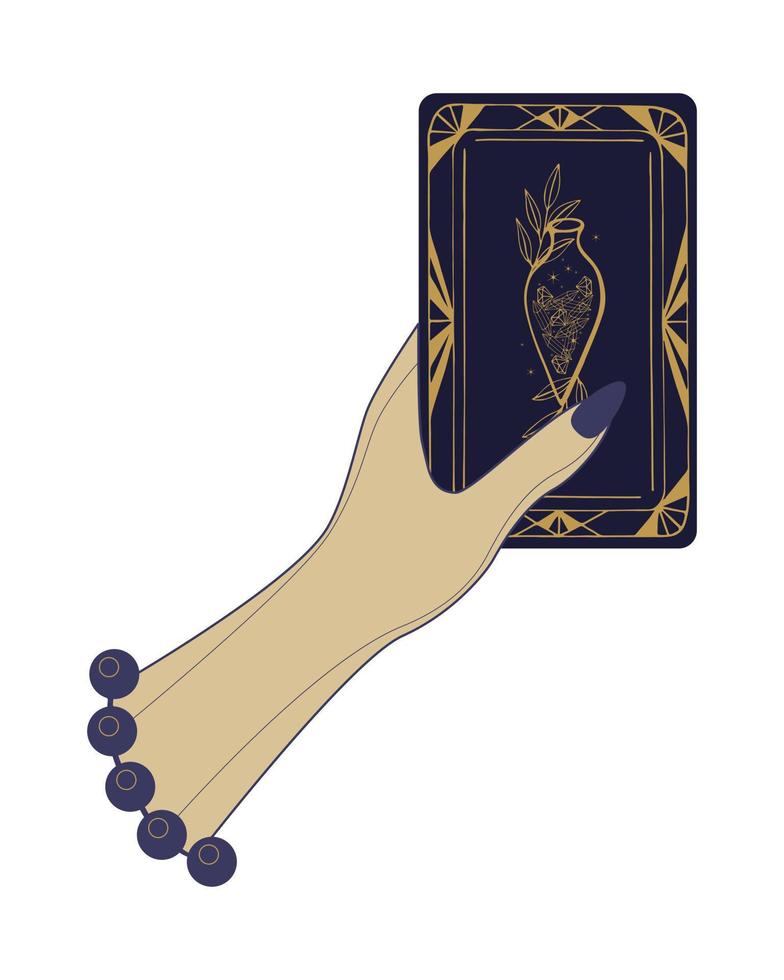 tarotkaart hand van vrouwelijke waarzegster. vectorillustratie van tarot in vintage stijl met mystieke symbolen, concept van hekserij. geïsoleerd, witte achtergrond. vector