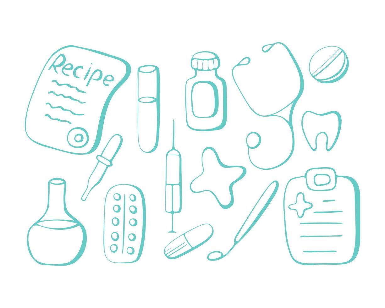 vector set medische objecten in doodle stijl, vaccinatie, spuit, pil, recept, kolf, stethoscoop, reageerbuis, tand, ampul.