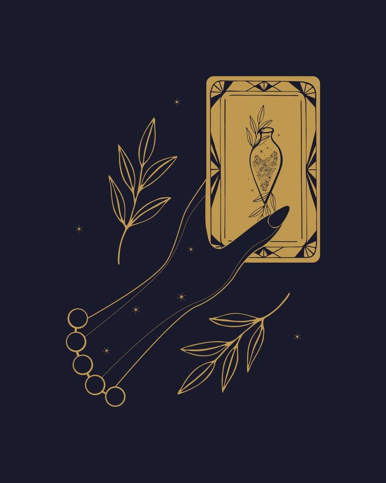 tarotkaart hand van vrouwelijke waarzegster. vectorillustratie van tarot in vintage stijl met mystieke symbolen, concept van hekserij. geïsoleerd, witte achtergrond. vector