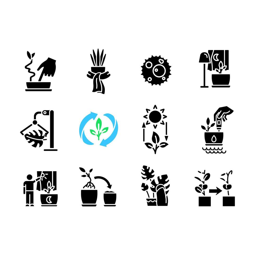 zorg voor kamerplanten zwarte glyph-pictogrammen ingesteld op witruimte. potplanten groeien. juiste watergift en licht. silhouet symbolen. stevig pictogrampakket. vector geïsoleerde illustratie