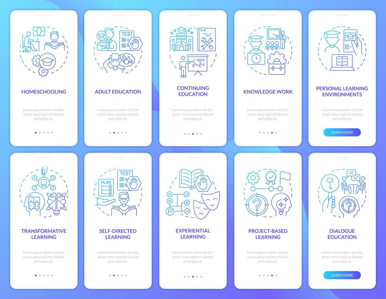 levenslang leren blauwe gradiënt onboarding mobiele app-schermset. walkthrough 5 stappen grafische instructiepagina's met lineaire concepten. ui, ux, gui-sjabloon. vector