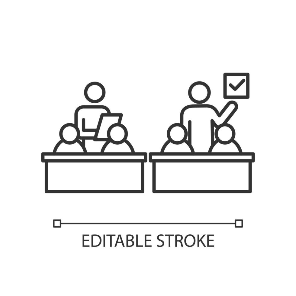 inclusief onderwijs klaslokaal lineair pictogram. leermodel en systeem. kinderen met een handicap. dunne lijn illustratie. contour symbool. vector overzichtstekening. bewerkbare streek.