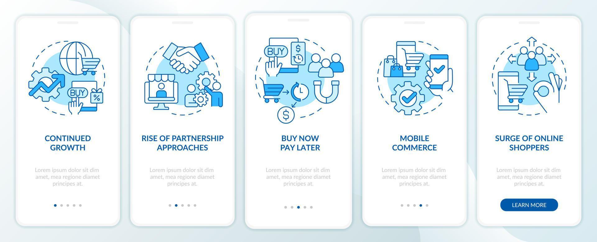 retailstrategietrends blauw onboarding mobiel app-scherm. handelstendens walkthrough 5 stappen grafische instructiepagina's met lineaire concepten. ui, ux, gui-sjabloon. vector