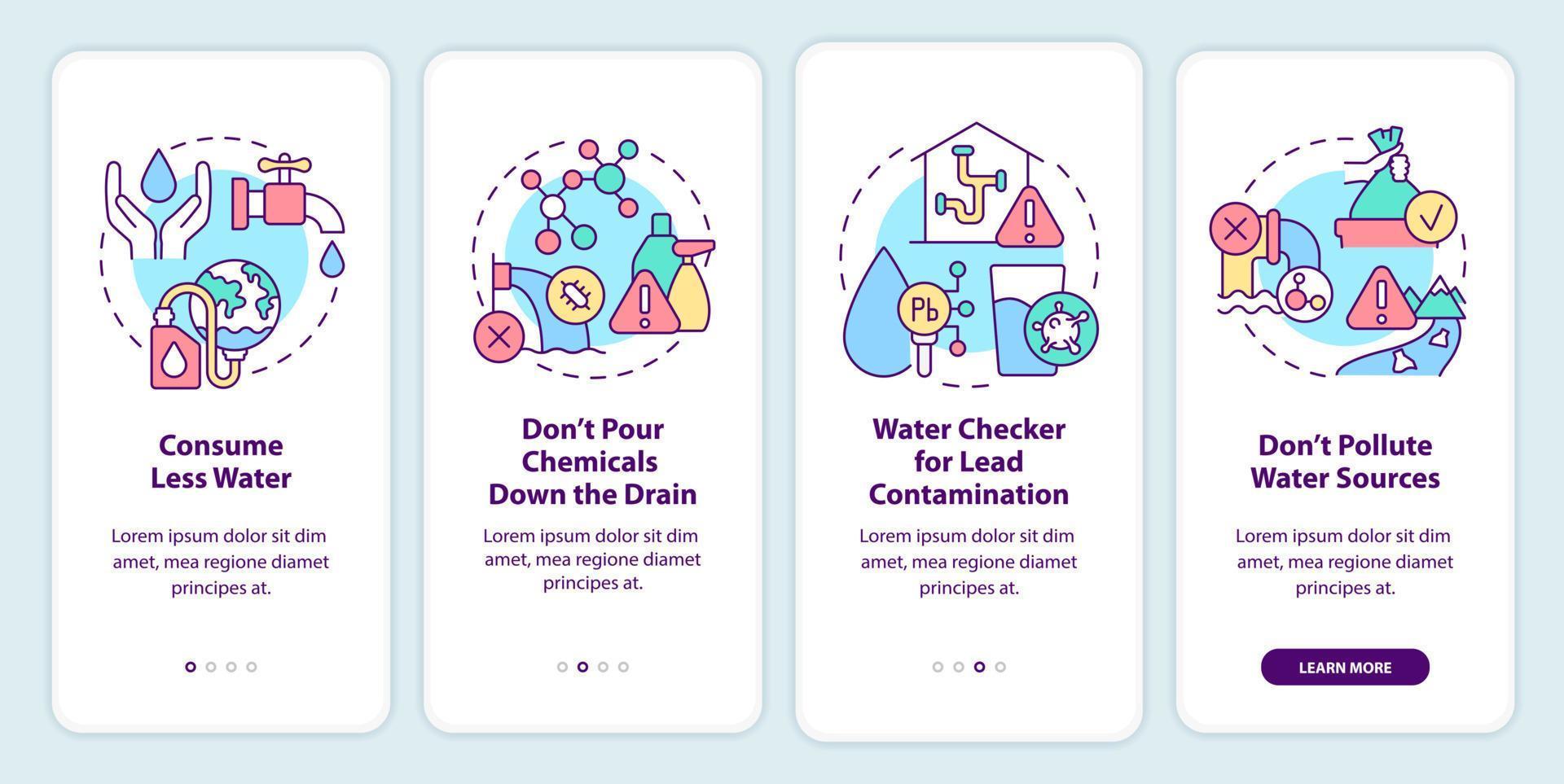 wat kunnen mensen doen aan het scherm van de mobiele app. verbruik minder water walkthrough 4 stappen grafische instructiepagina's met lineaire concepten. ui, ux, gui-sjabloon. vector