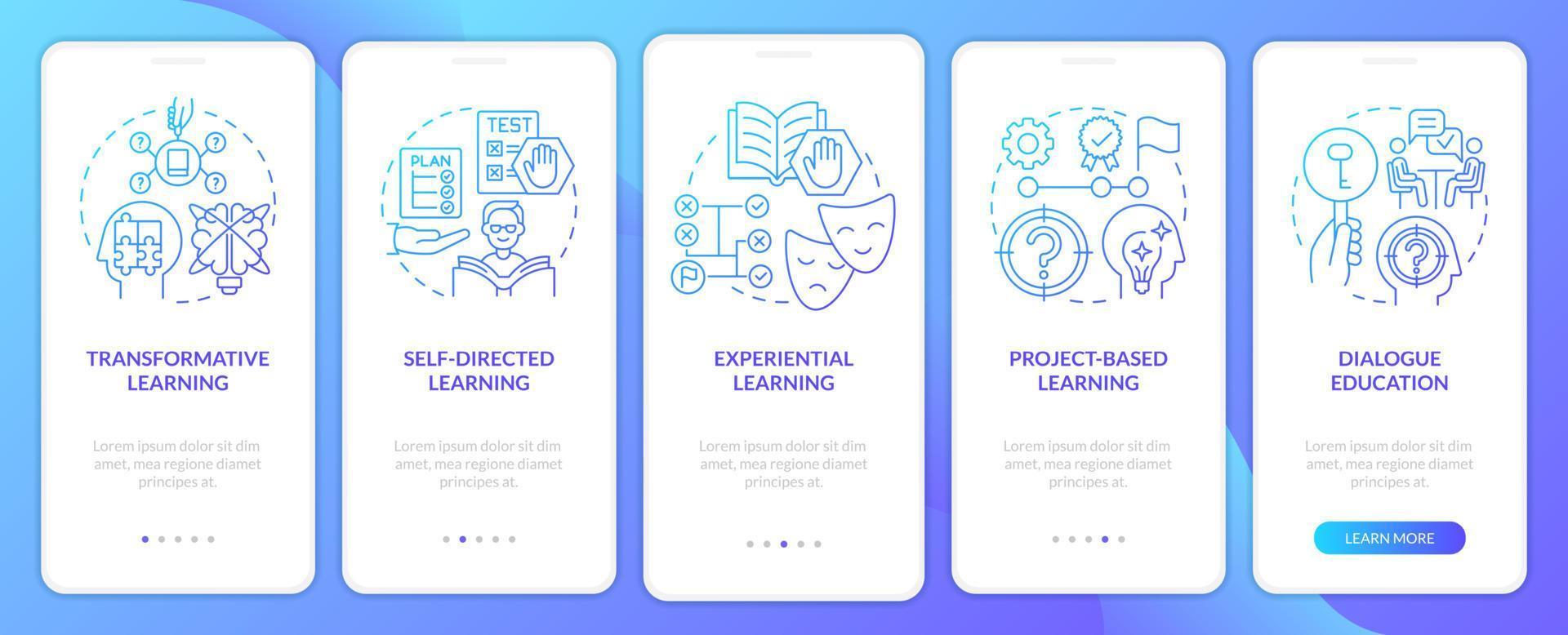 volwassenenonderwijs theorieën blauwe gradiënt onboarding mobiele app-scherm. walkthrough 5 stappen grafische instructiepagina's met lineaire concepten. ui, ux, gui-sjabloon. vector