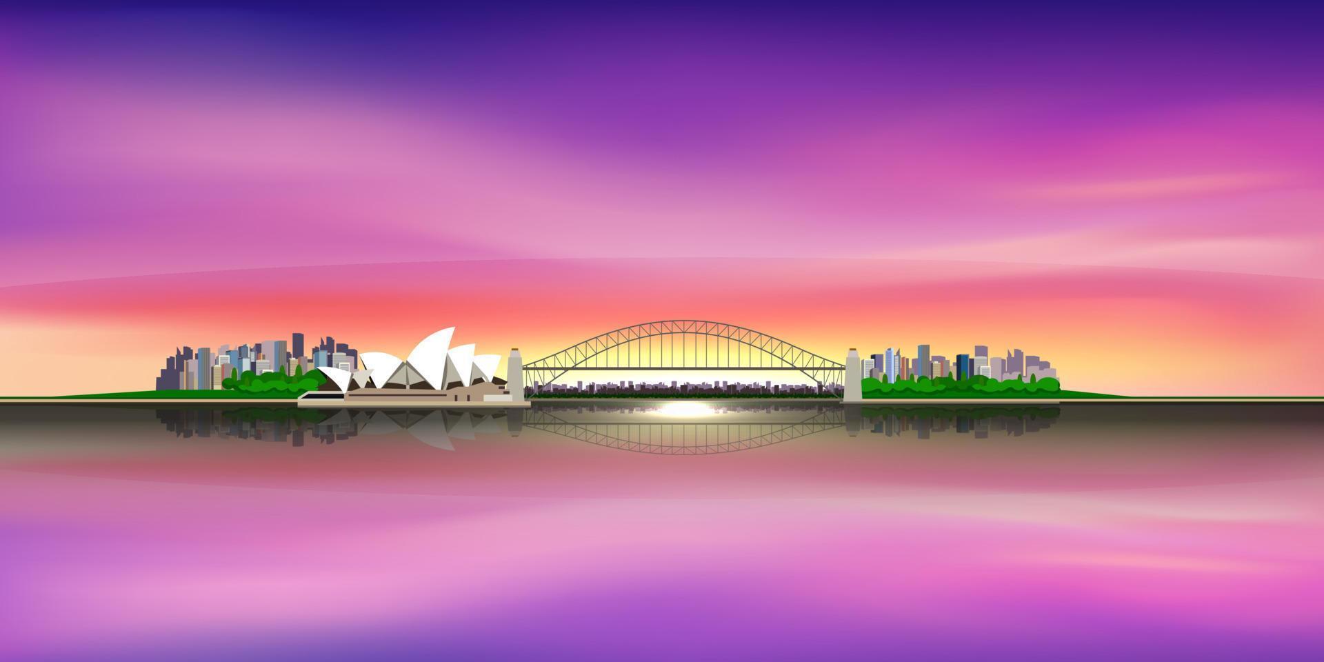 sydney city opera house schemering en reflecties. vector illustratie