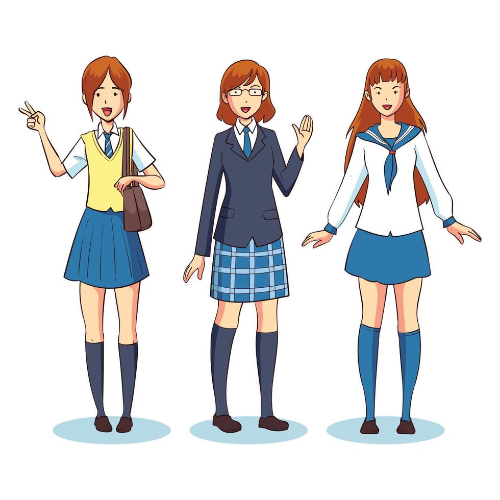 handgetekende Japanse vrouwelijke studenten vector