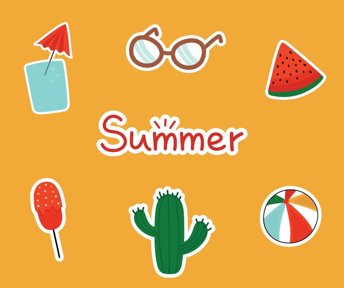 set zomer geïsoleerde doodle stickers. handgetekende iconen van glazen, waterglas, cactus, watermeloen, bal, ijs. vector