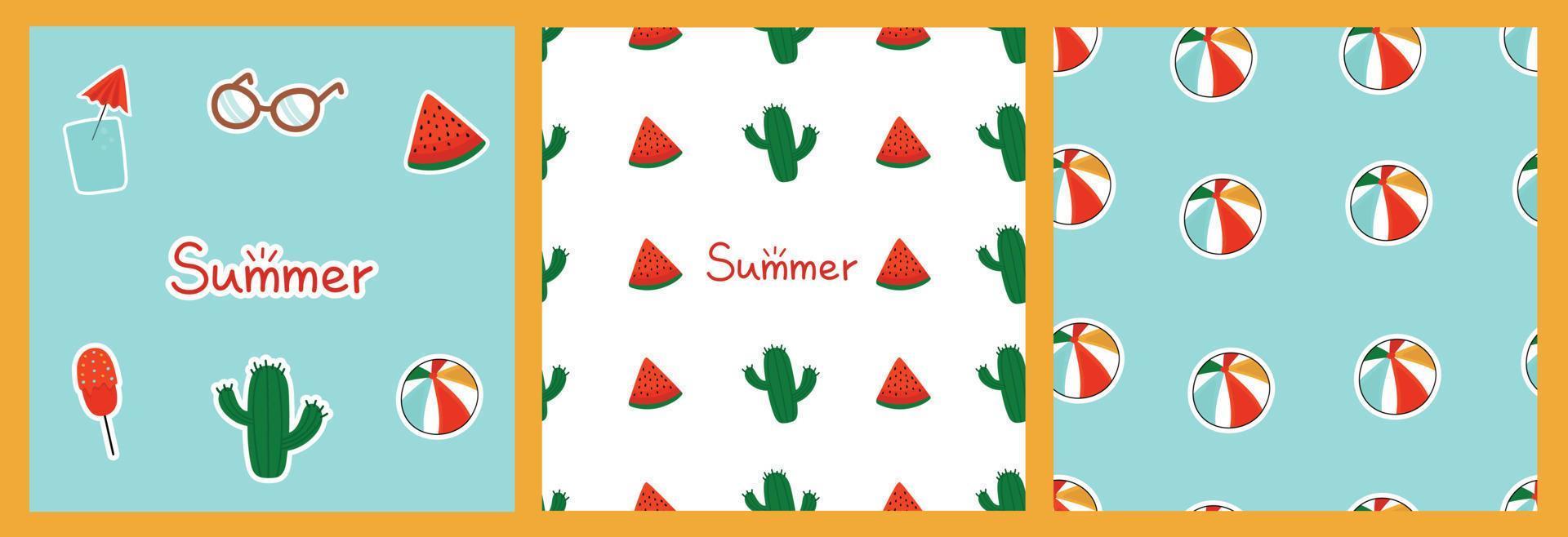 verzameling naadloze zomerpatronen en stickers. set van vectorelementen en achtergronden met watermeloenen, strandballen, cactus. vector